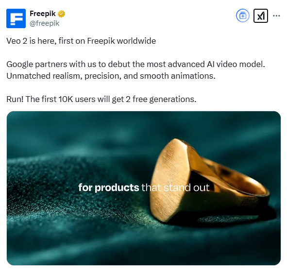 谷歌核弹级AI视频模型Veo 2在Freepik首发，前10000名用户能白嫖插图