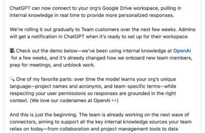 更厉害啦！OpenAI 推新功能，ChatGPT 能直接连企业内部知识库缩略图