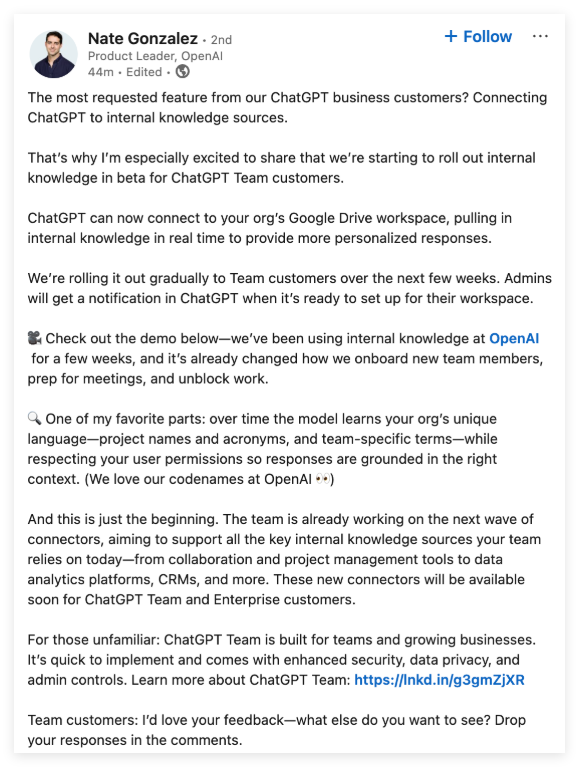 更厉害啦！OpenAI 推新功能，ChatGPT 能直接连企业内部知识库插图