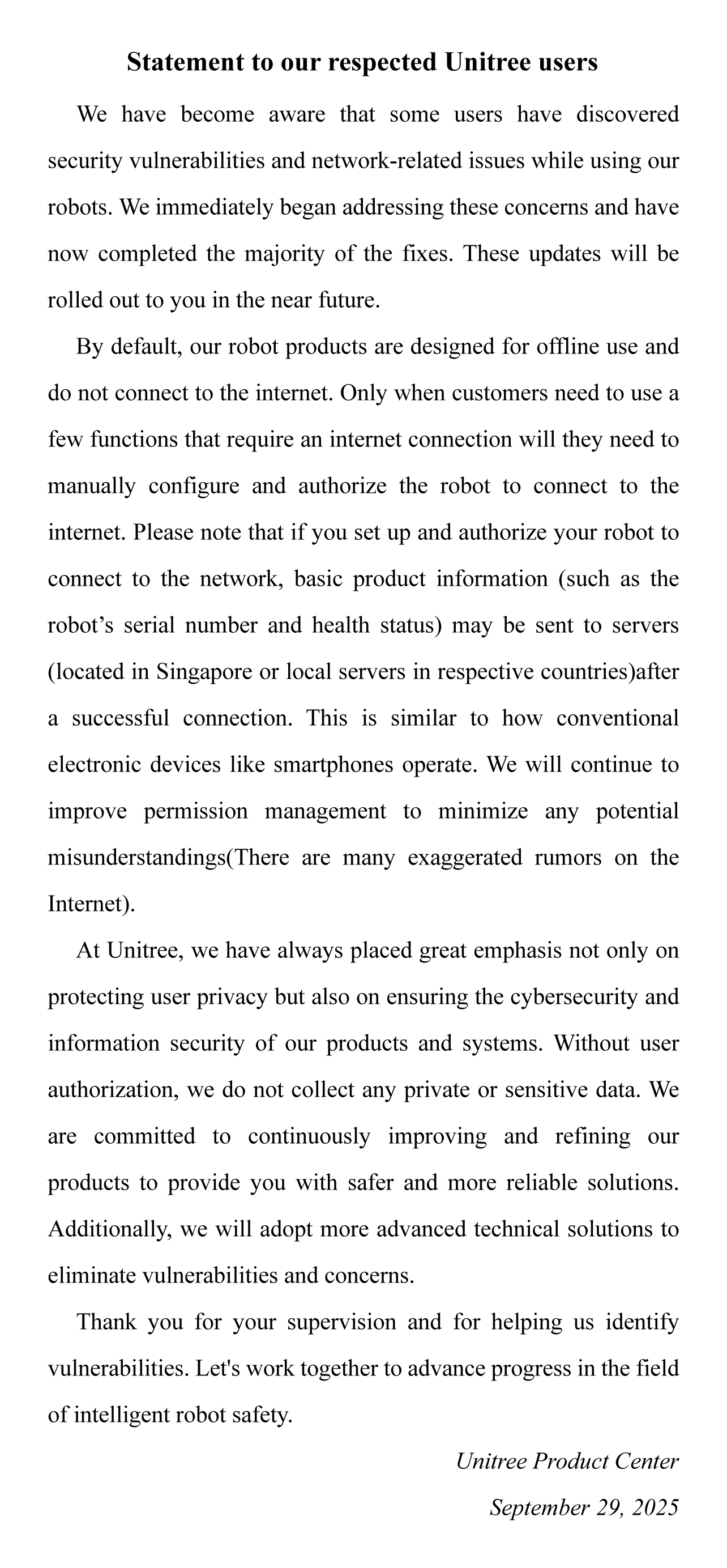 宇树科技回应机器人安全问题：大部分漏洞已修好，更新很快上线插图2