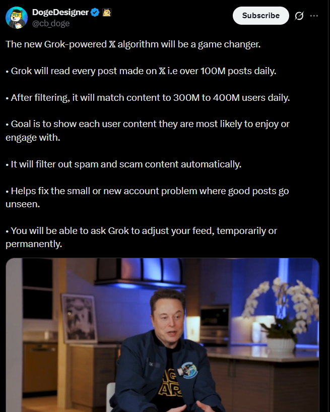 Grok接管𝕏算法啦！每天扫1亿多帖子，你的信息流要大变样了插图